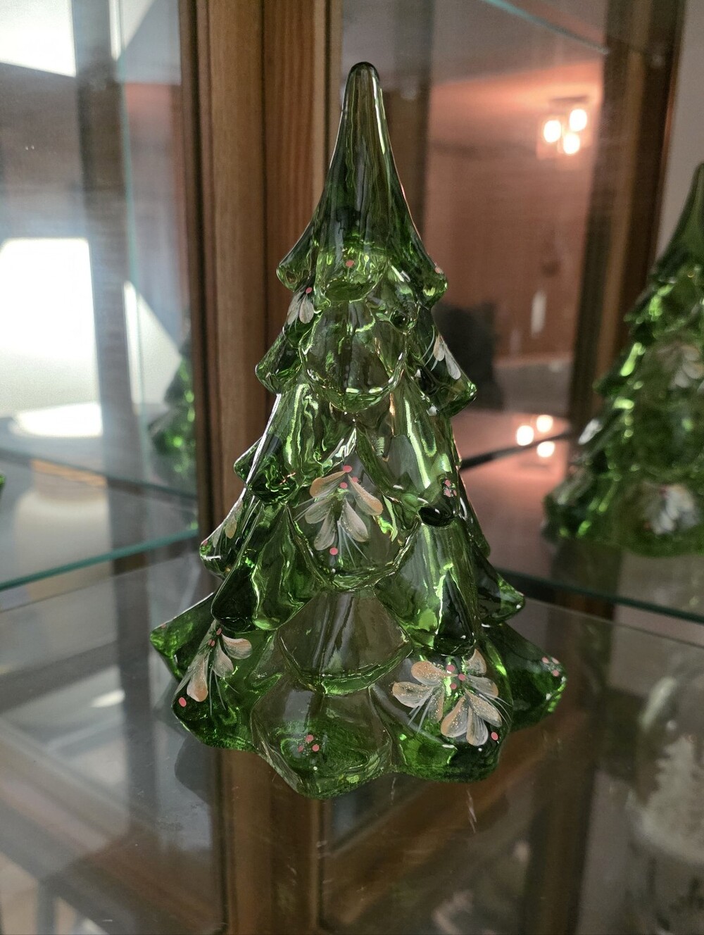 Fenton Green Glass Christmas Tree Figurine with White Accents